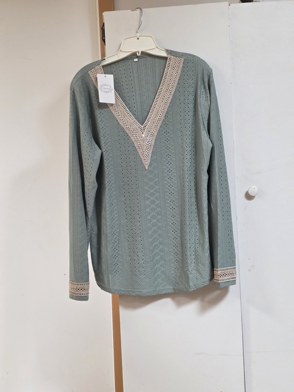 Green V-Neck Lace Trim Blouse